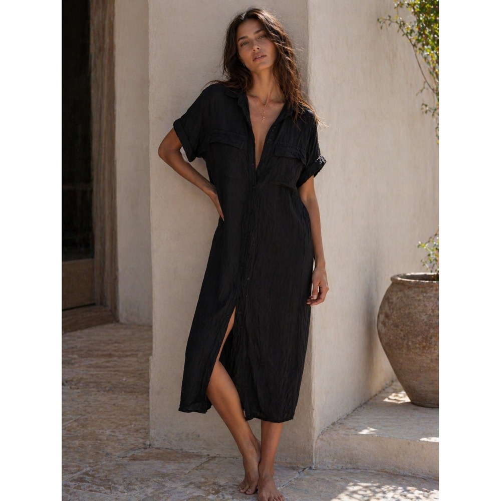 Monday Beachwear Women's Black Midi Shirt Dress Button Down Cover Up- M